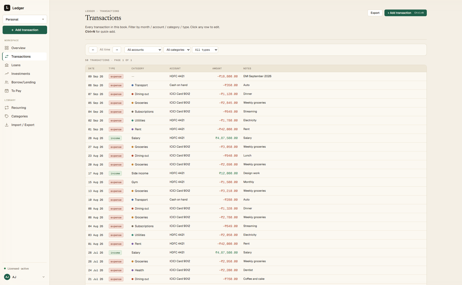 The transactions list, with each row showing date, type, category, account and amount