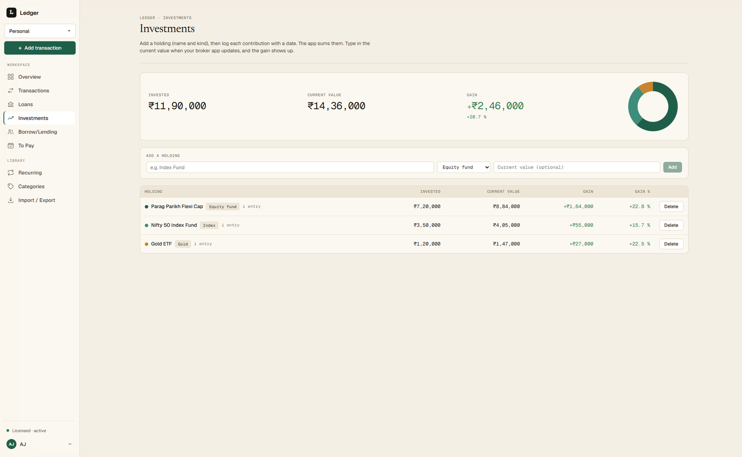 The investments list with amount invested, current value and gain for each holding