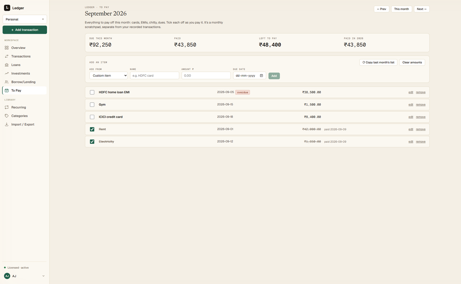 The monthly To Pay list